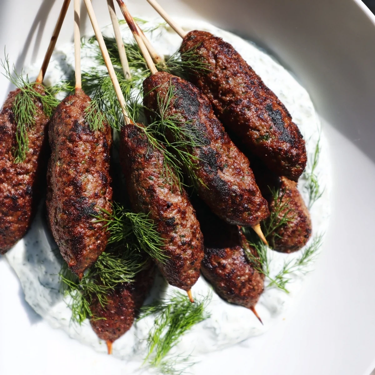 Grilled beef kofta kebabs are served hot with creamy cucumber yogurt sauce and fresh herbs on the side.  