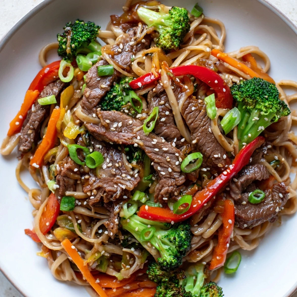 Golden seared beef and vibrant broccoli florets tossed with lo mein noodles in a glossy sesame soy sauce.