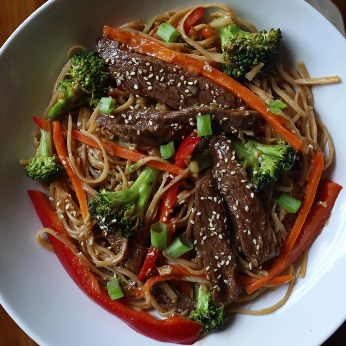 Tender beef strips, crisp broccoli, and savory noodles coated in a rich, aromatic sesame stir-fry sauce.