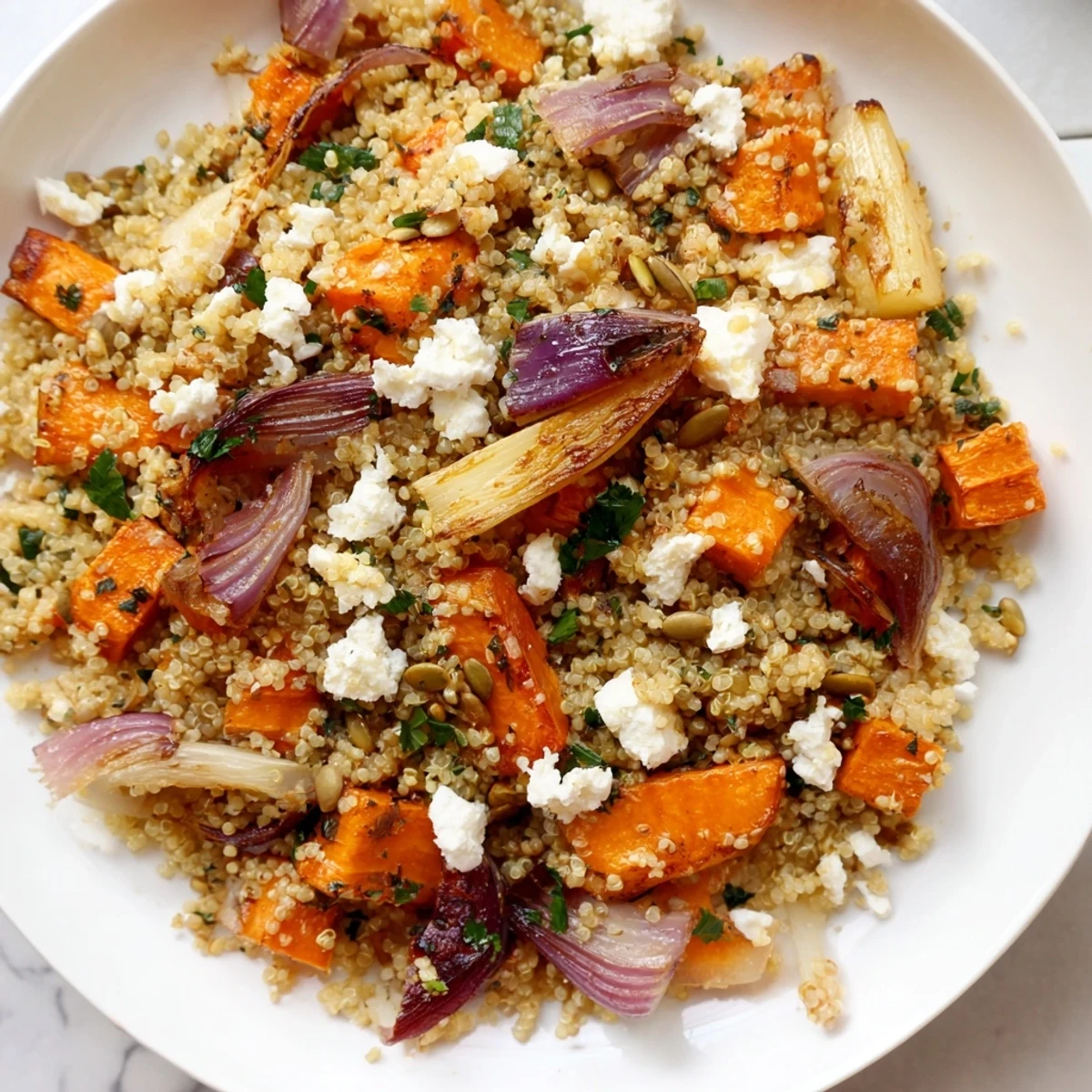 Vibrant, wholesome quinoa and roasted root vegetable salad served warm with a zesty lemon dressing.