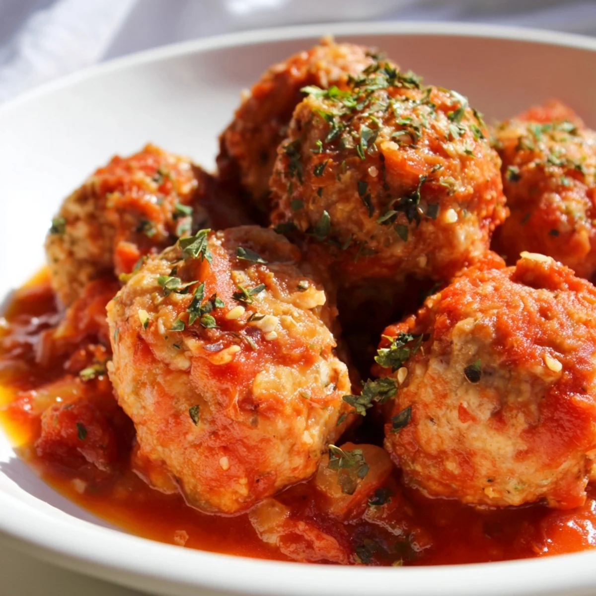 Golden-brown turkey meatballs simmer in a vibrant roasted tomato sauce, served over spaghetti for a comforting Italian-American dinner.