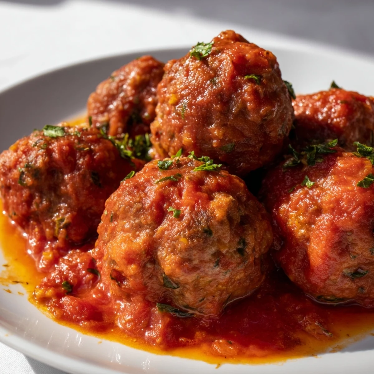 Savory turkey meatballs rest in a rich roasted tomato sauce garnished with fresh basil, paired with a glass of red wine.
