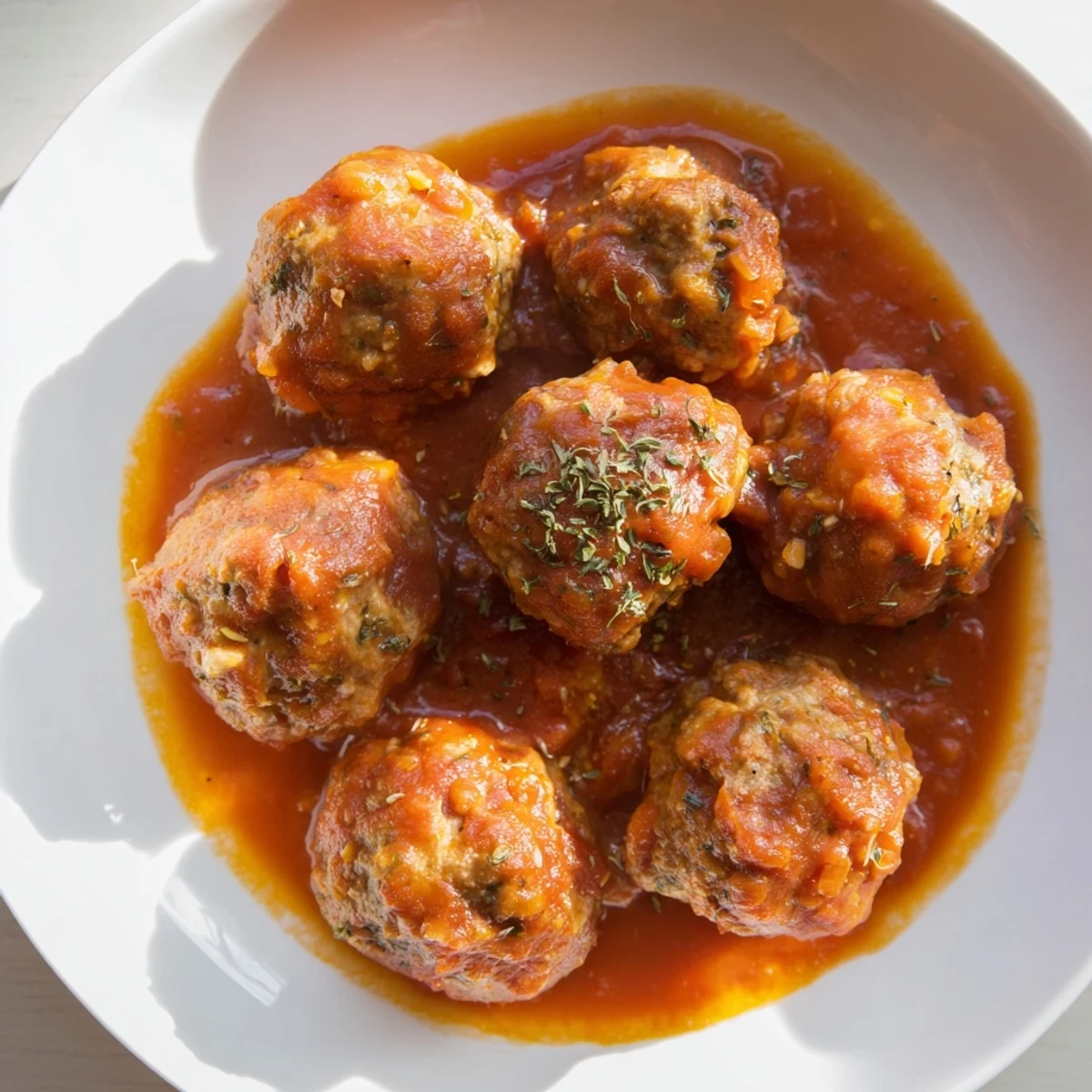 Close-up of tender turkey meatballs in garlicky roasted tomato sauce, ready to be served with crusty bread for dipping.