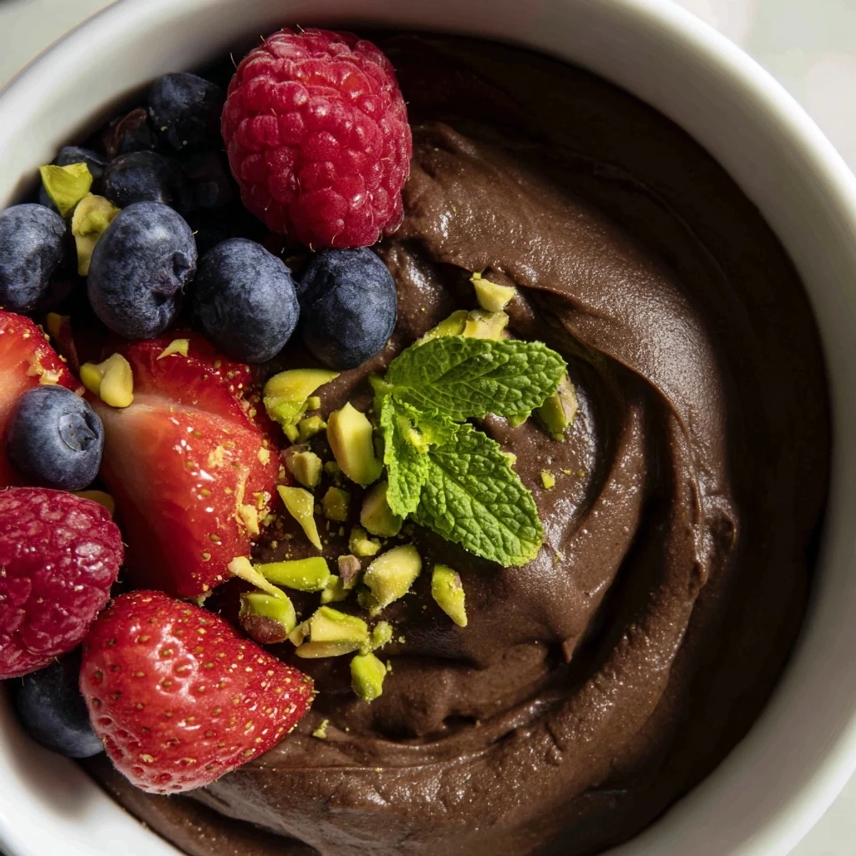 Smooth, creamy Dark Chocolate Avocado Mousse in a glass topped with fresh raspberries and blueberries.