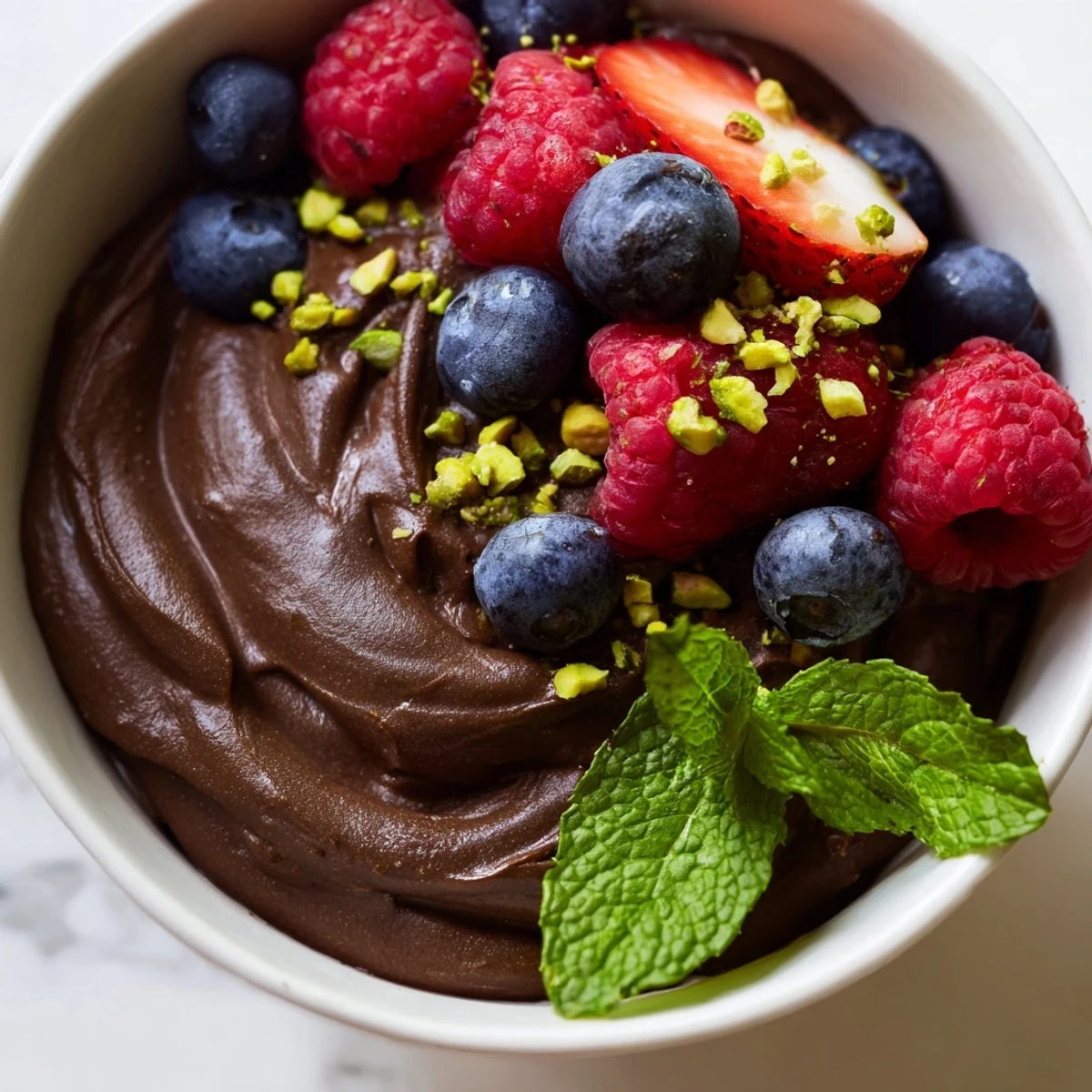 Dark Chocolate Avocado Mousse garnished with mint and chopped pistachios, served as a rich dessert.