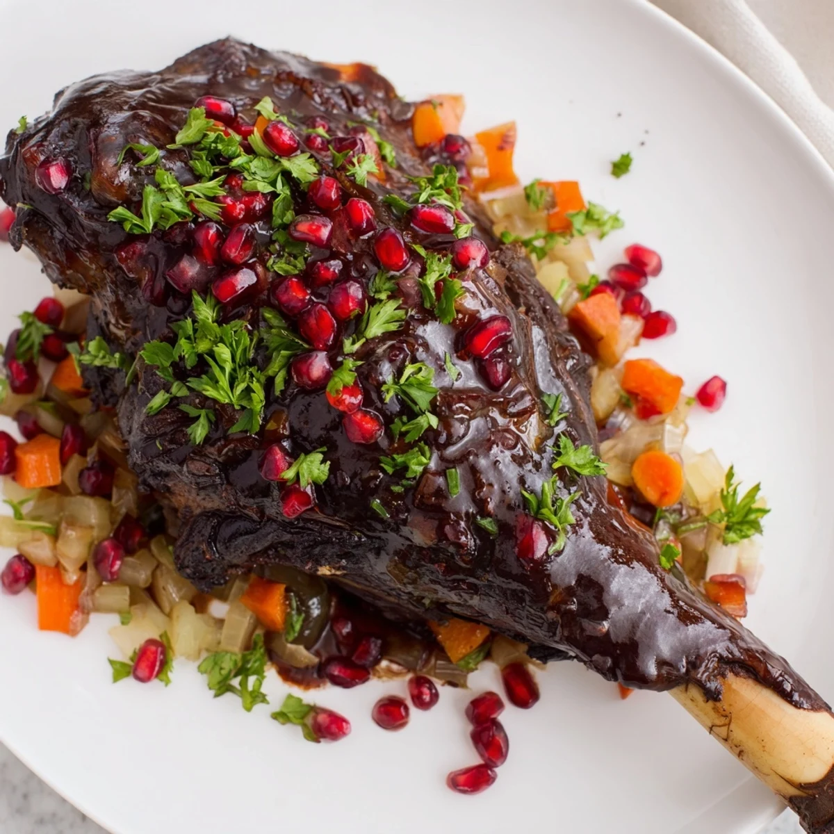 Golden-brown Braised Lamb Shanks with Pomegranate Glaze glisten in a rustic Dutch oven, garnished with vibrant pomegranate seeds and fresh parsley.