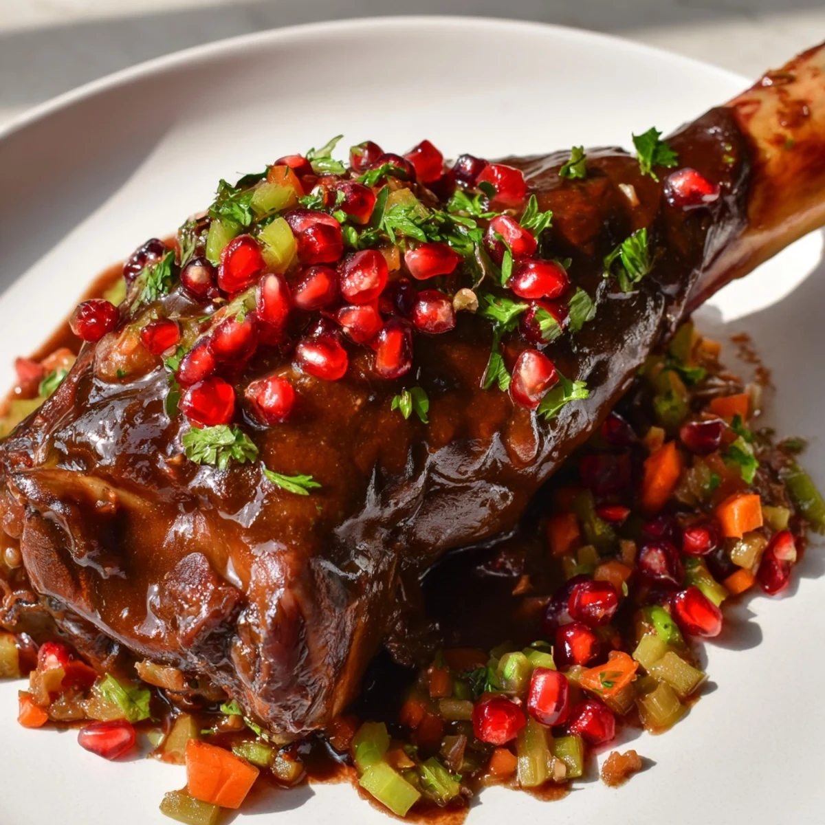 Close-up of Braised Lamb Shanks with Pomegranate Glaze showing fall-off-the-bone meat, glazed in a deep red, tangy-sweet reduction.