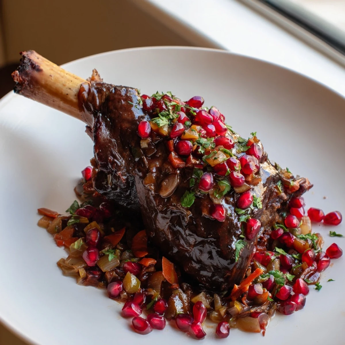 Tender Braised Lamb Shanks with Pomegranate Glaze rest on a plate, served alongside creamy mashed potatoes and a drizzle of rich sauce.