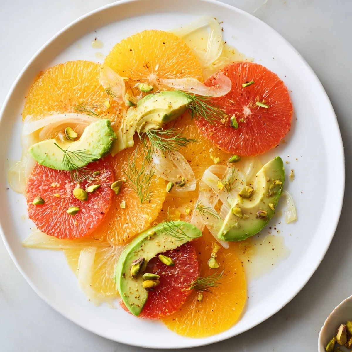 A close-up view of a vibrant Winter Citrus Salad with avocado slices and crisp fennel on a rustic plate.