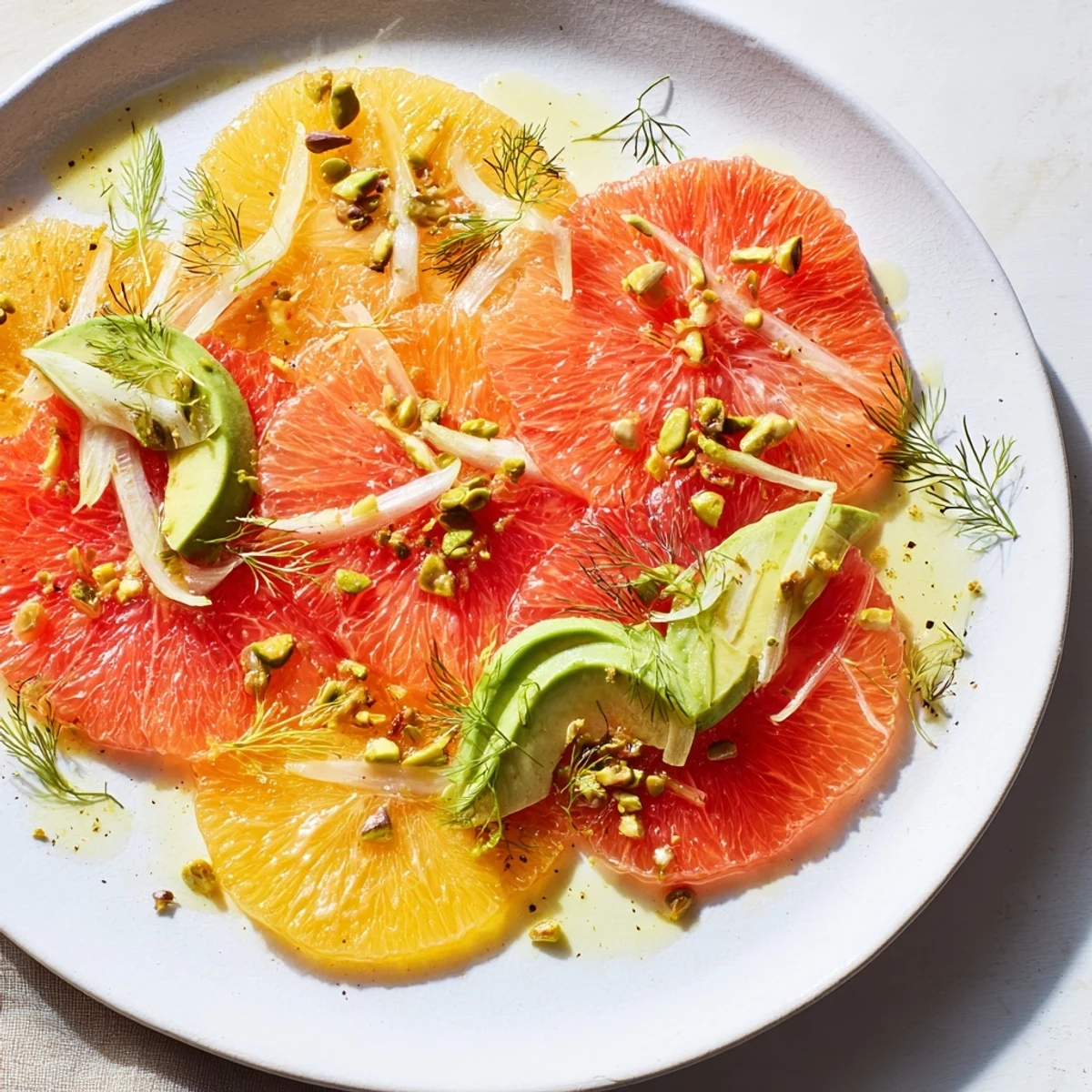 Fresh Winter Citrus Salad garnished with pistachios and fennel fronds, served on a white ceramic platter.