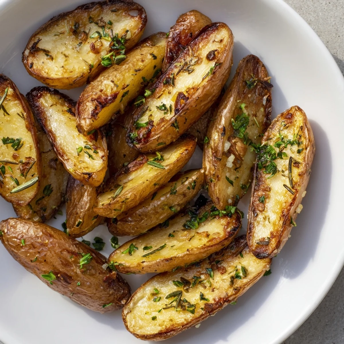 Golden brown Garlic Herb Roasted Fingerling Potatoes are garnished with fresh parsley on a rustic platter.