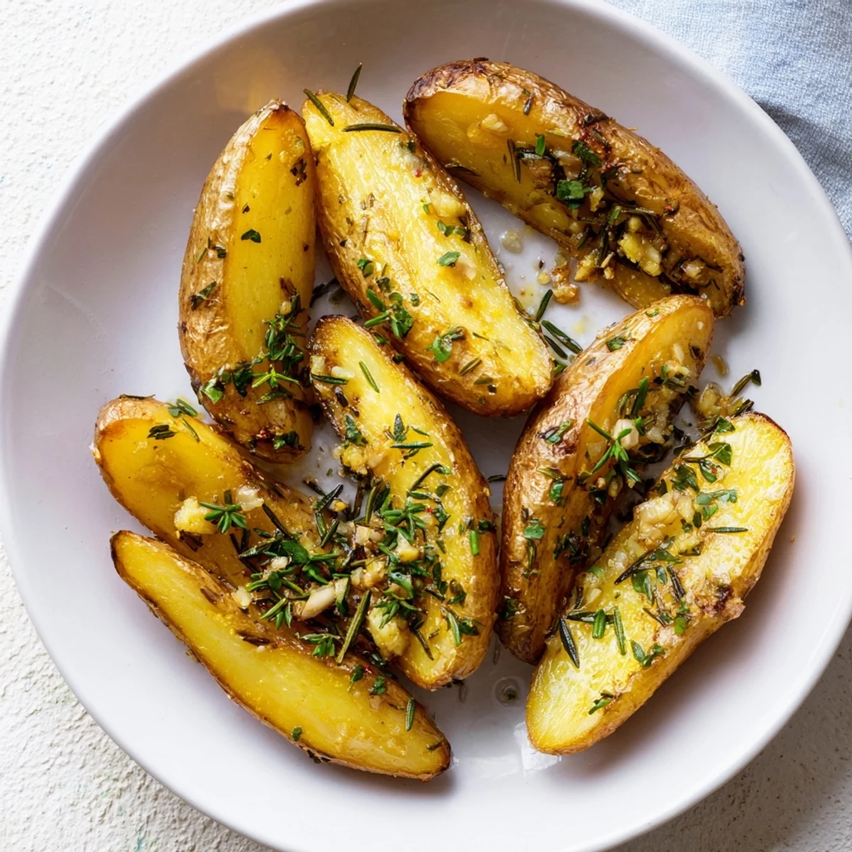 Garlic Herb Roasted Fingerling Potatoes crisp up on a baking sheet with fragrant herbs and garlic.