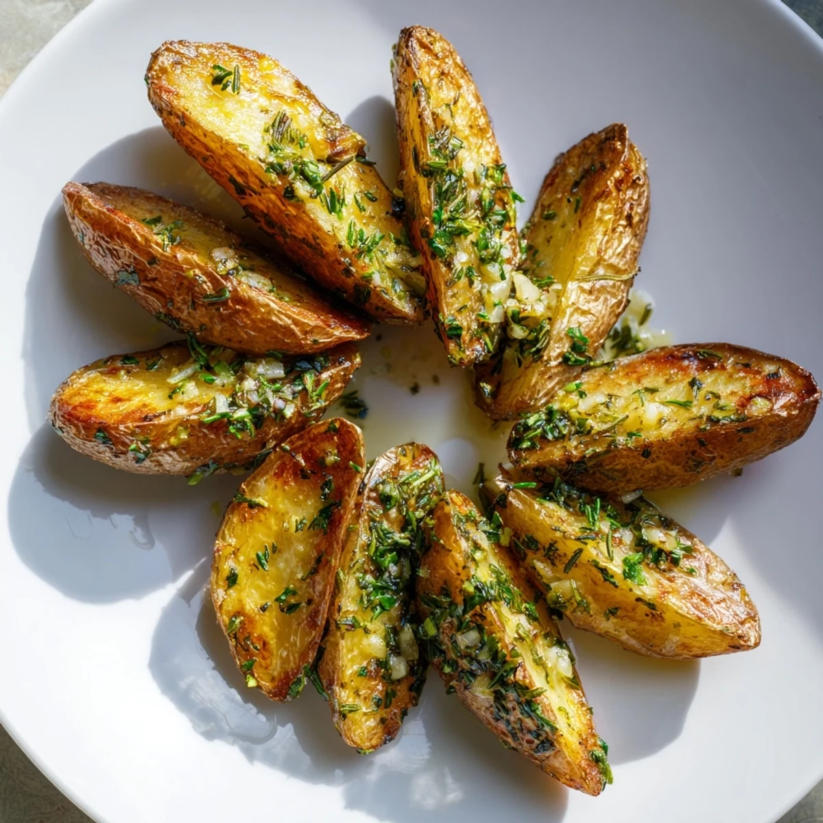 A close-up of Garlic Herb Roasted Fingerling Potatoes served alongside a main course at a family meal.