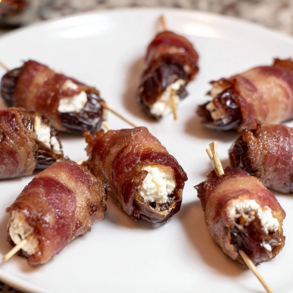 Tender Medjool dates stuffed with cheese, wrapped in smoky beef bacon, air-fried to crispy perfection on a serving board.