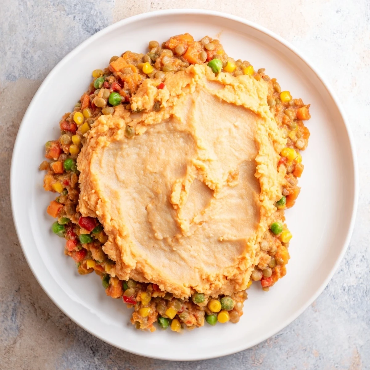 Golden mashed sweet potatoes are spread over a savory lentil and vegetable filling in this Vegan Lentil and Sweet Potato Shepherds Pie, ready for the oven.  