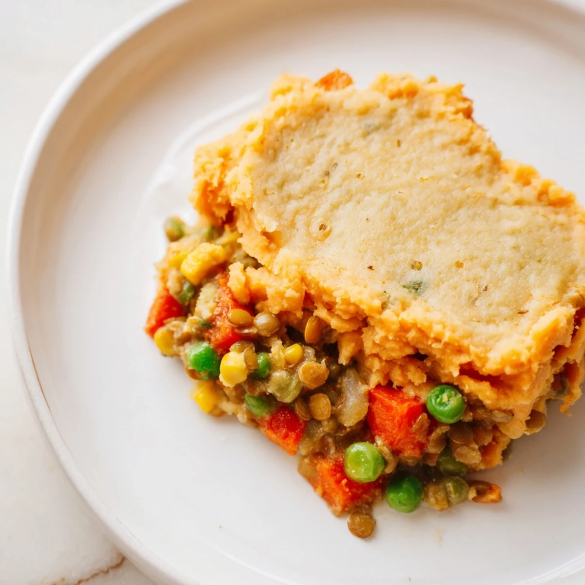 This hearty Vegan Lentil and Sweet Potato Shepherds Pie features a rich, tomato-based lentil filling topped with smooth, creamy sweet potato mash.