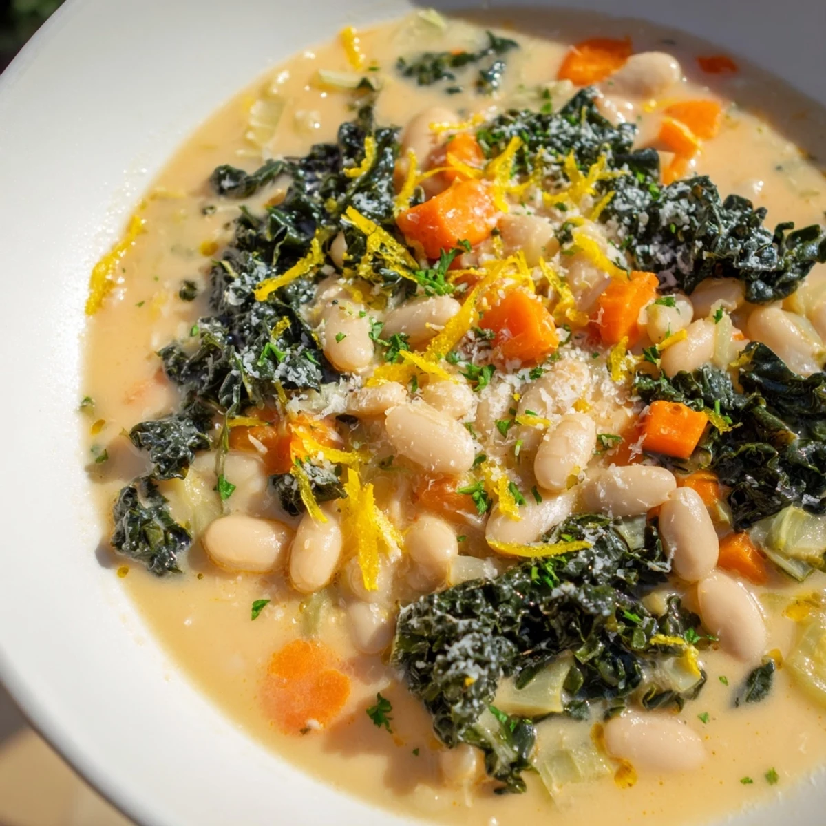 Steaming White Bean and Kale Soup with Lemon Zest ladled into rustic bowls.