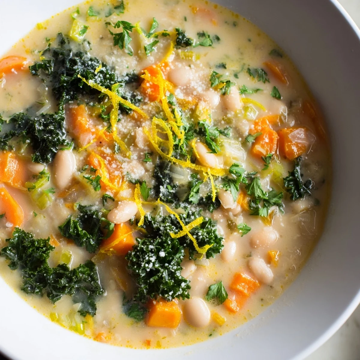 Garnished with fresh parsley and lemon zest, served beside crusty bread.