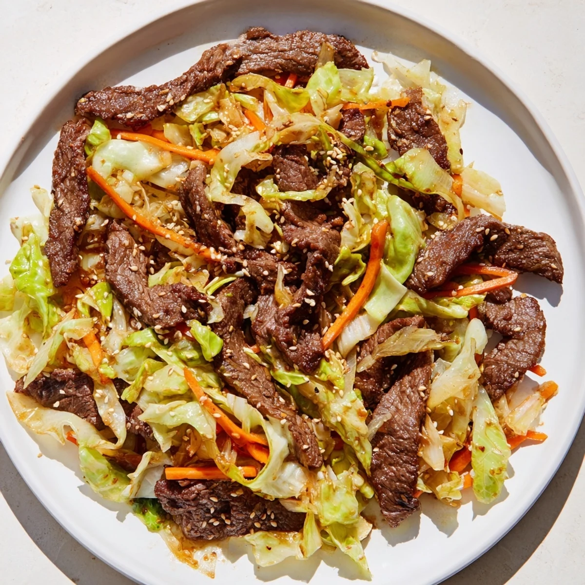Golden brown beef strips and crisp green cabbage glisten in this Keto Friendly Beef and Cabbage Stir Fry, served hot.