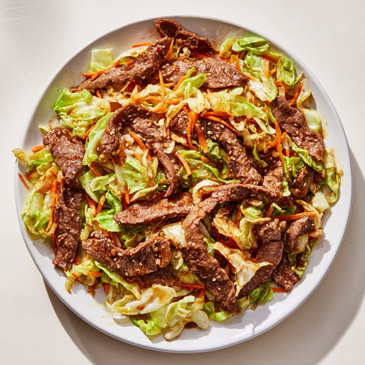 A low carb Keto Friendly Beef and Cabbage Stir Fry ready to eat, garnished with fresh green onions and sesame seeds.