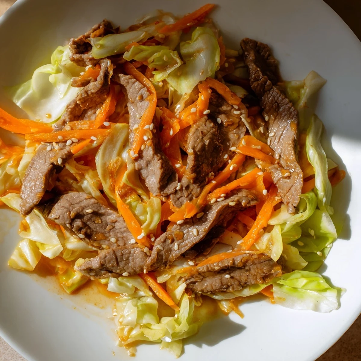 Bright green cabbage and tender marinated beef fill a wok for this savory Keto Friendly Beef and Cabbage Stir Fry meal.