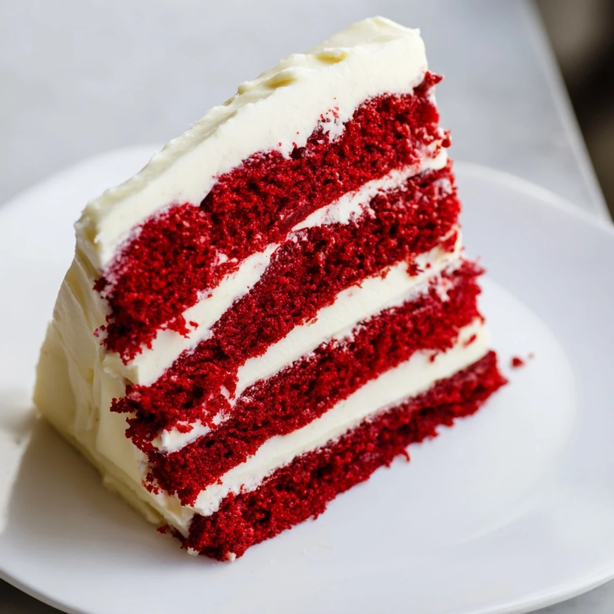 A classic red velvet cake with cream cheese frosting, showcasing its velvety crumb and rich, tangy white frosting layers.