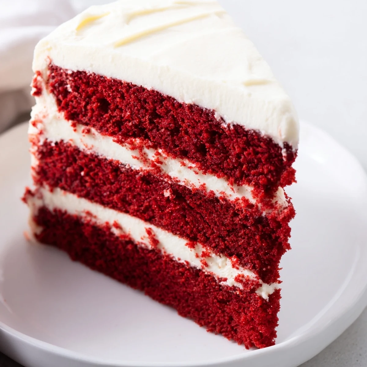Smooth cream cheese frosting swirled over moist, red velvet cake, with a slice ready to be served on a dessert plate.