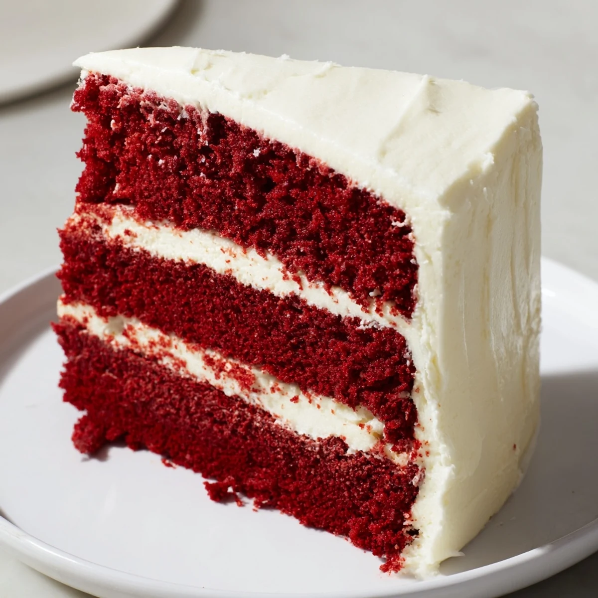 Decadent red velvet cake with cream cheese frosting, ready for a festive celebration with its vibrant layers and creamy topping.
