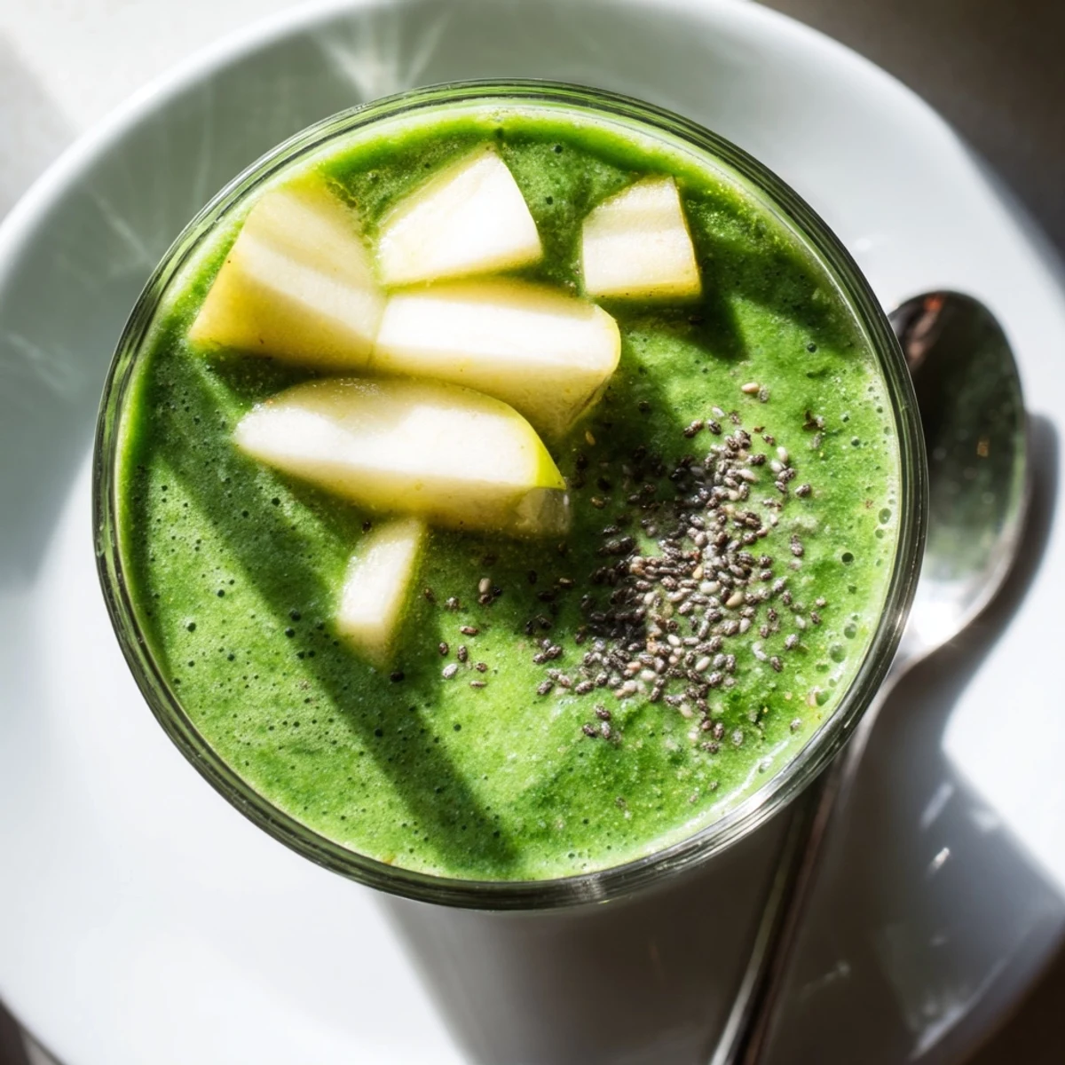 A tall glass of Detox Green Smoothie with Spinach and Ginger, garnished with a fresh mint sprig and a slice of lime on a wooden table.