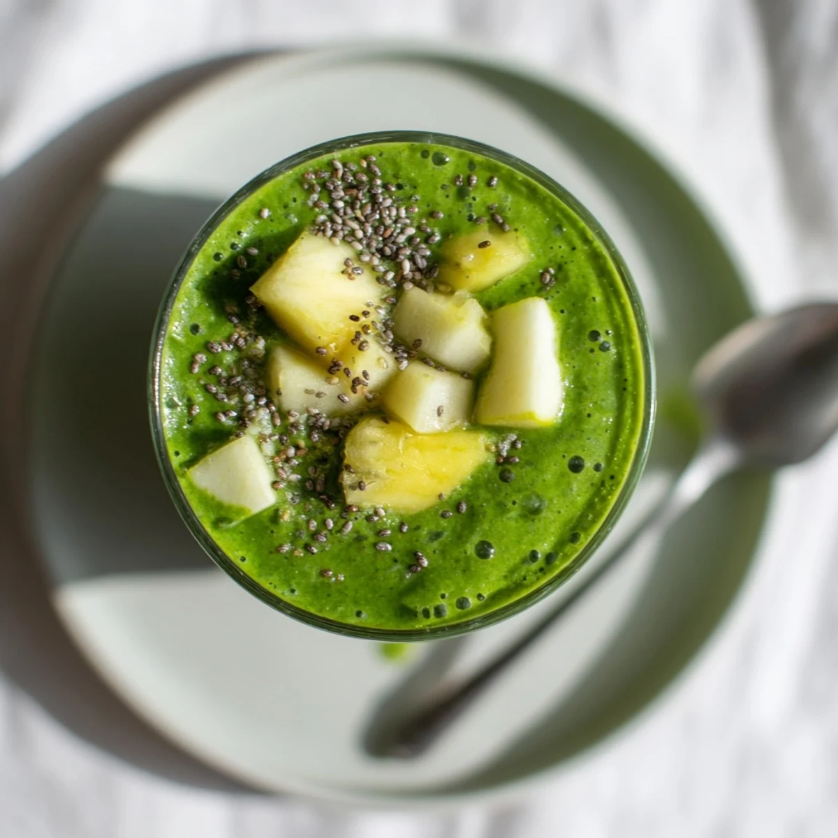 The Detox Green Smoothie with Spinach and Ginger is poured into a mason jar, showing a creamy, vibrant green texture against a sunny kitchen backdrop.