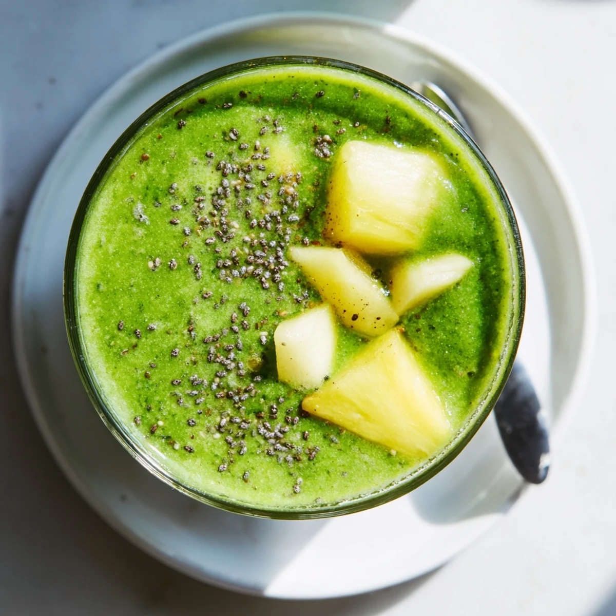 Close-up of a Detox Green Smoothie with Spinach and Ginger, highlighting floating chia seeds and fresh pineapple chunks beside a whole ginger root.