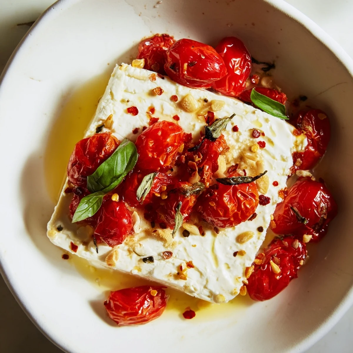 A close-up shot of Baked Feta Pasta with Cherry Tomatoes and Basil on a rustic plate, garnished with basil.