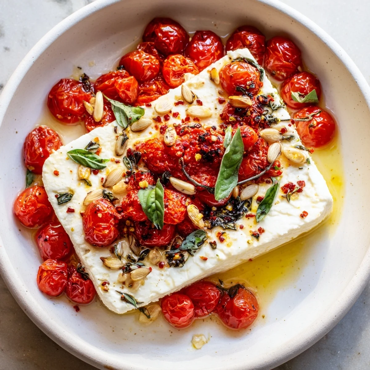 Vibrant red tomatoes and creamy white feta create a stunning, savory Baked Feta Pasta with fresh basil garnish.