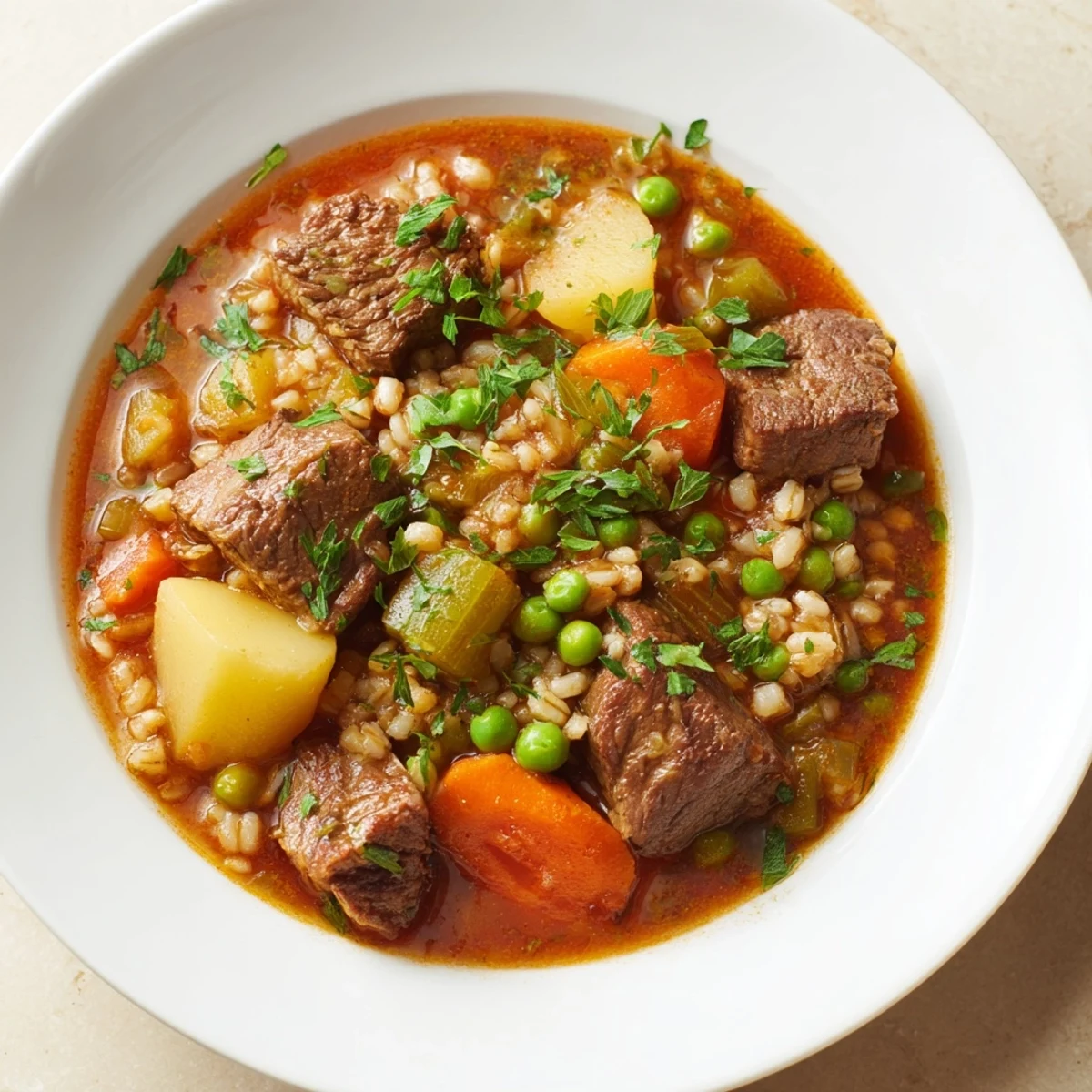 Tender beef chunks and pearl barley simmer in a hearty vegetable stew, served in a rustic bowl with crusty bread.