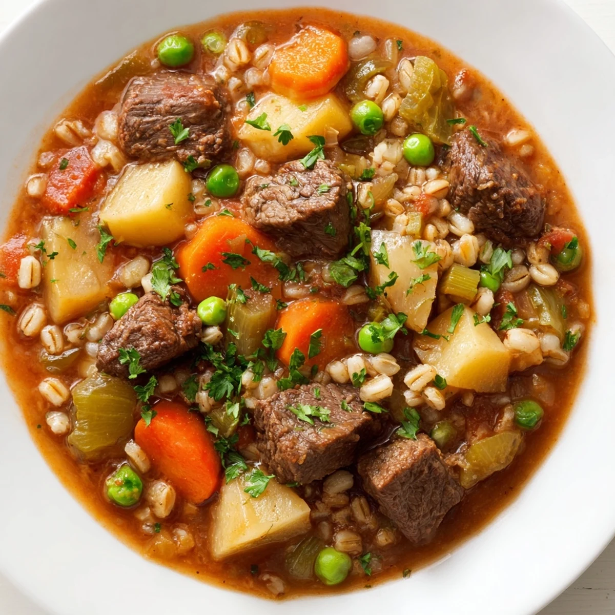 A close-up of Hearty Beef and Barley Vegetable Stew reveals peas, carrots, and potatoes in a thick, savory broth.
