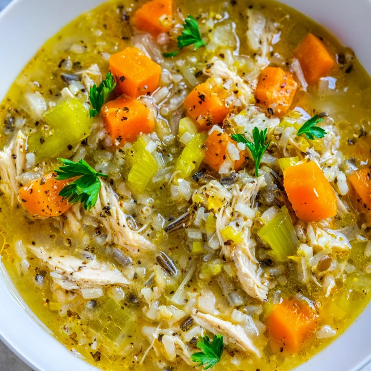 A rustic spoon dips into a hearty Instant Pot Chicken and Wild Rice Soup, garnished with fresh parsley, ready for a comforting family dinner.