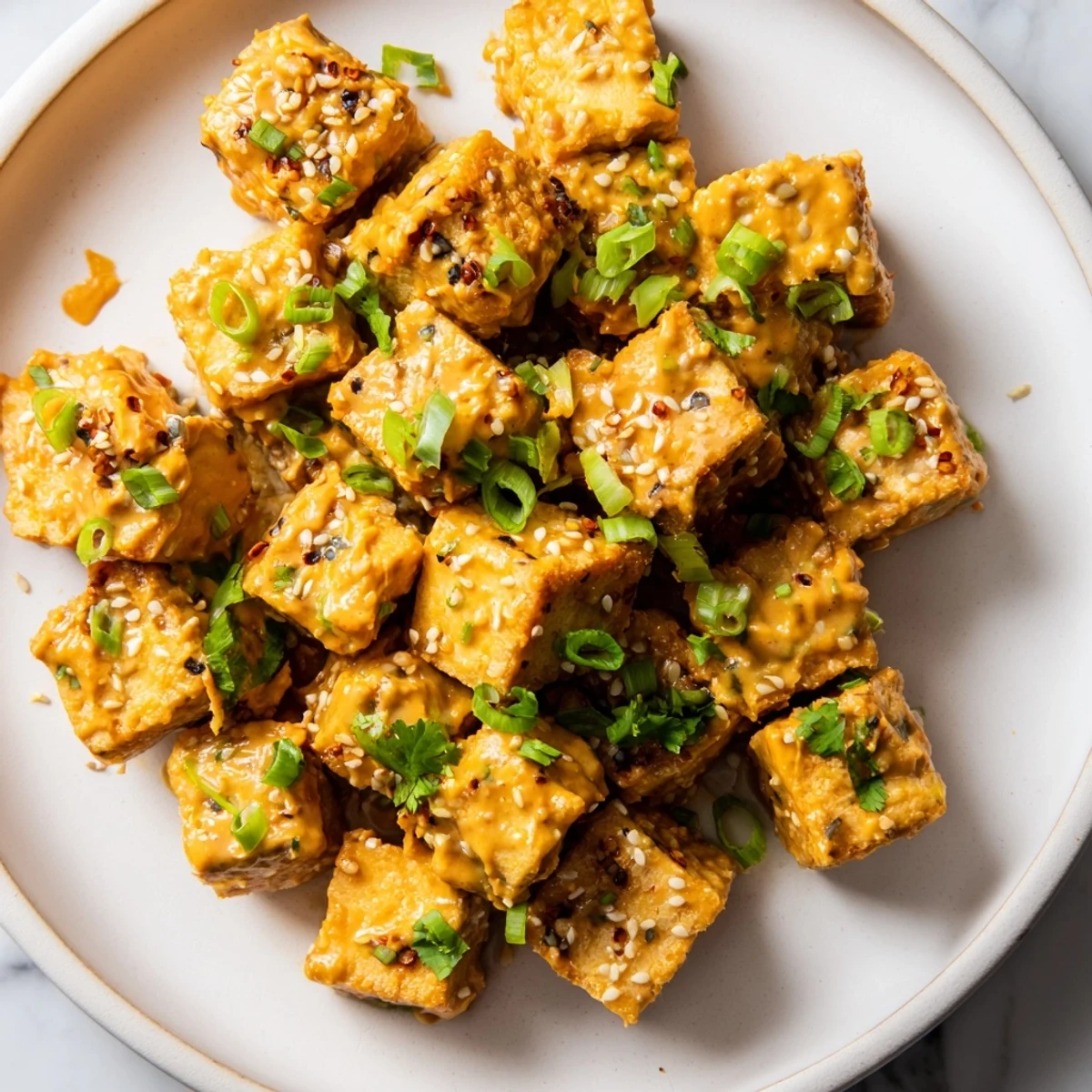 Crispy baked tofu tossed in a creamy, spicy peanut sauce, topped with sesame seeds and spring onions on a plate.