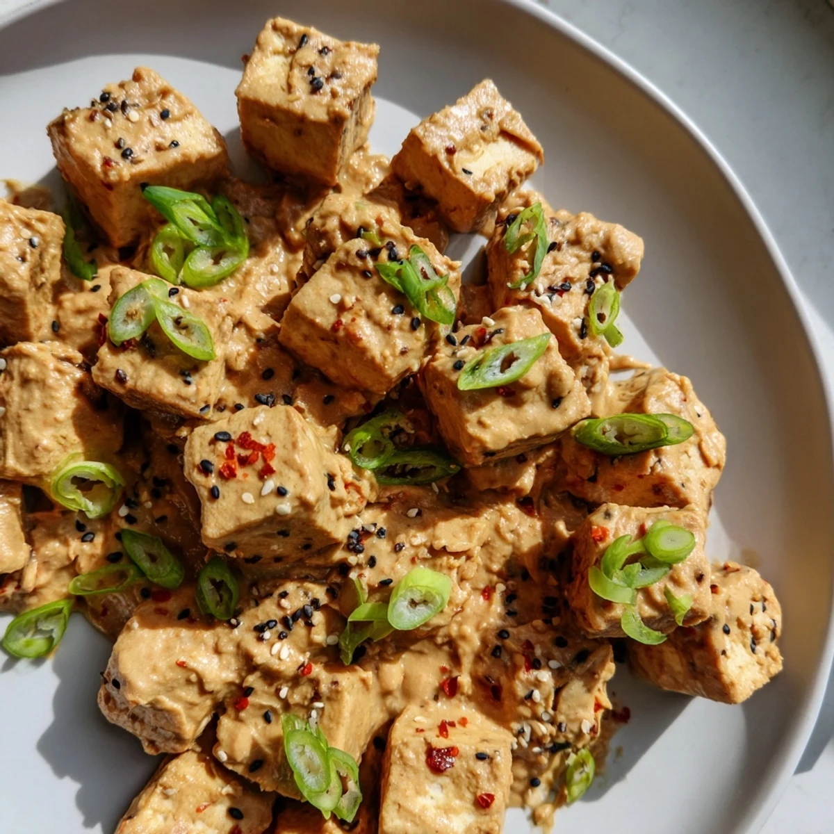 Golden-brown baked tofu cubes coated in zesty, spicy peanut sauce, served over steamed rice with fresh cilantro garnish.