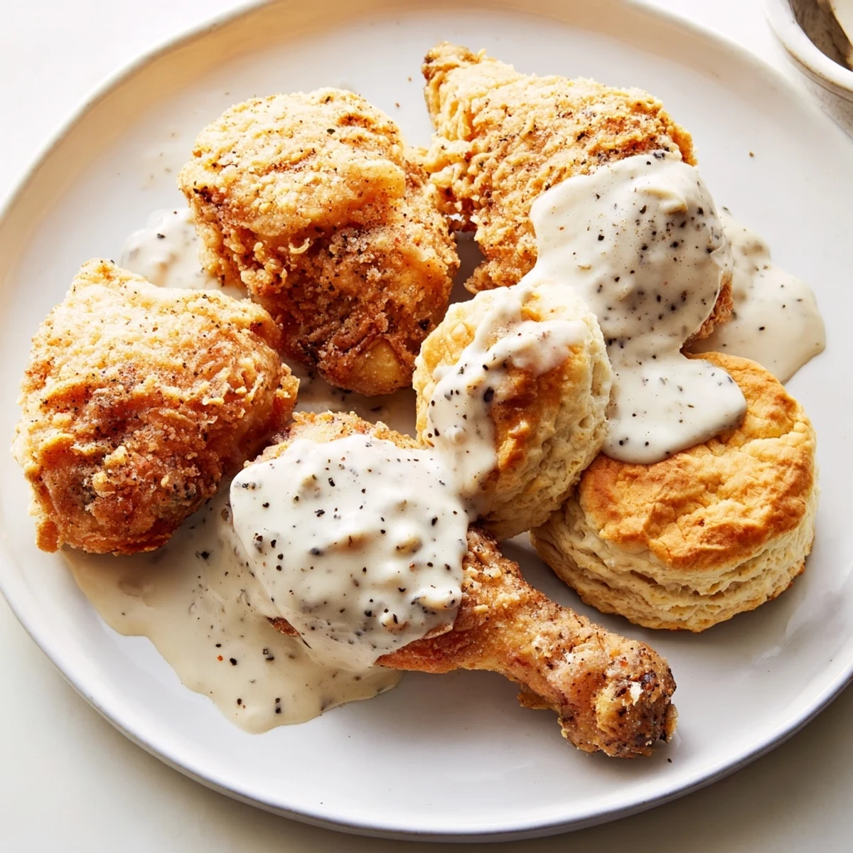 Golden fried chicken breast and flaky buttermilk biscuits smothered in creamy, peppery white gravy.  
