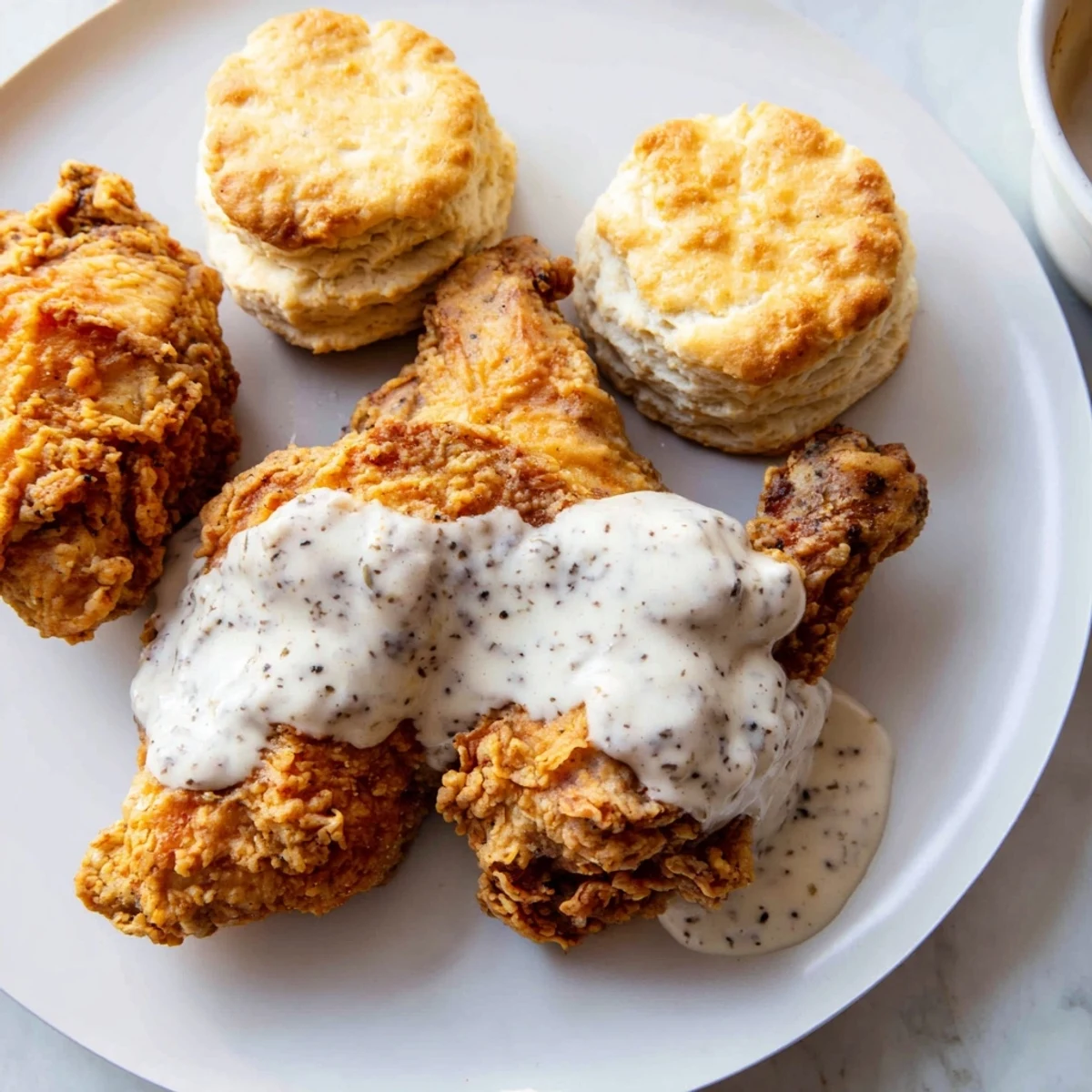 Classic Fried Chicken with Biscuits and Gravy served hot, ready for a hearty meal.
