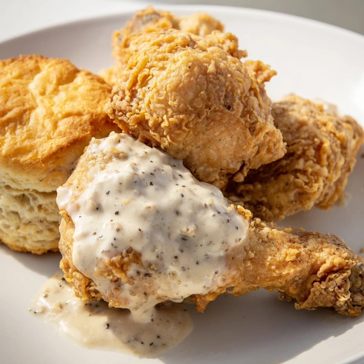 Heaping plate of crispy Southern-style fried chicken with warm biscuits and rich, homemade gravy.  