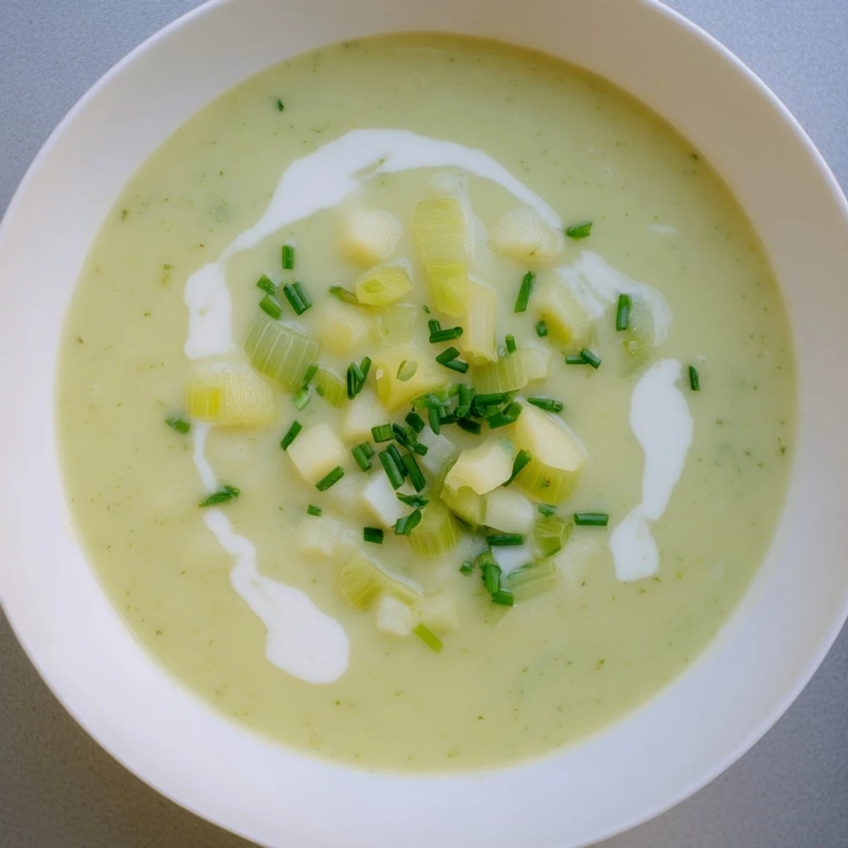 A pot of golden Leek and Potato Soup simmering gently, with sliced leeks and diced potatoes softening in the broth.  