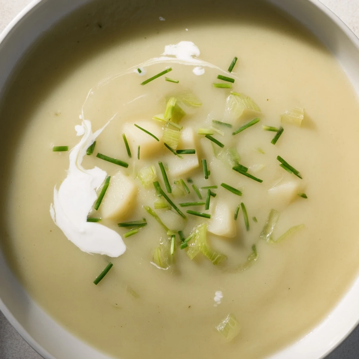 Homemade Leek and Potato Soup served with crusty bread, garnished with a drizzle of cream and fresh parsley.