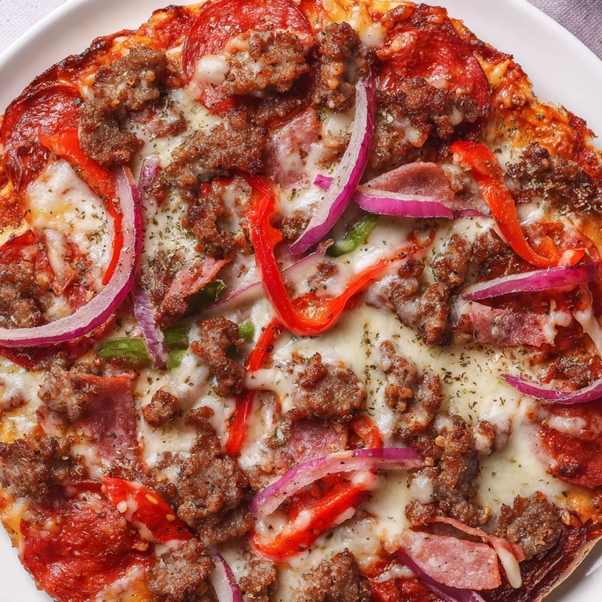 Freshly baked Meat Lover Pizza with beef, pepperoni, and sausage, melted mozzarella bubbling on a golden crust.  