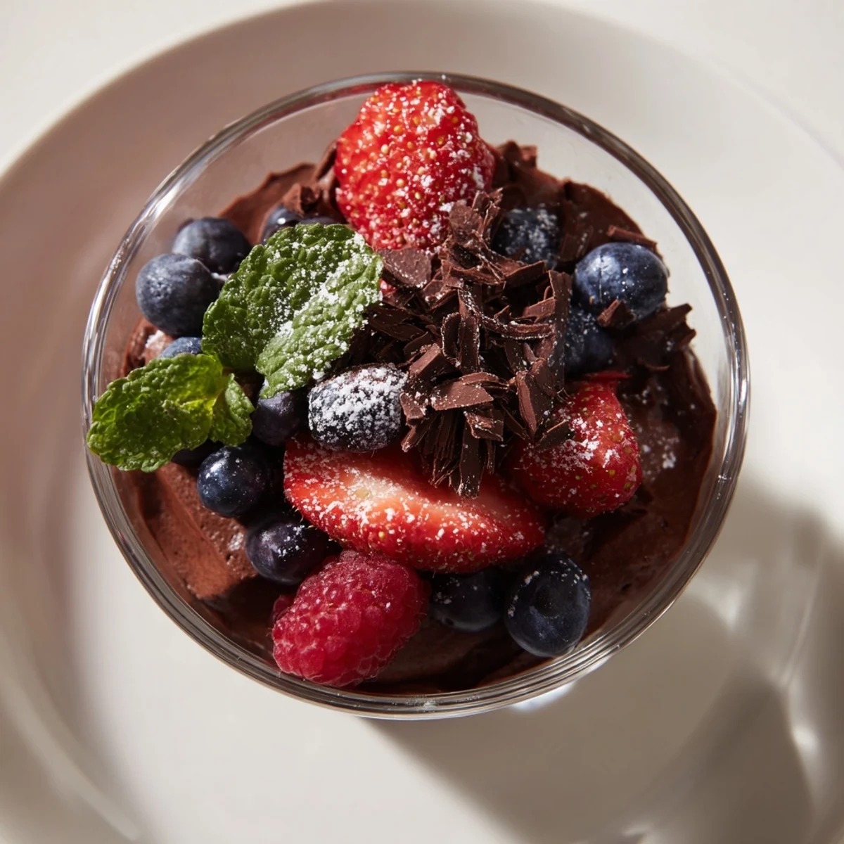 A close-up view of Chocolate Mousse with Mixed Berries in a clear glass, featuring airy dark chocolate topped with fresh strawberries, raspberries, and blueberries.
