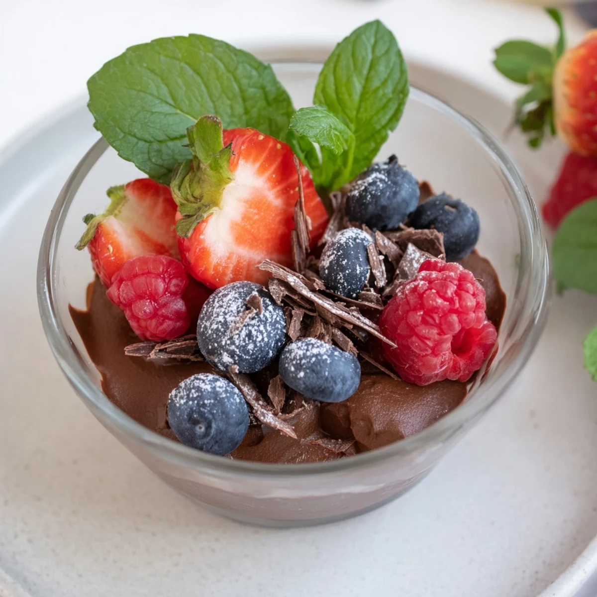 Chocolate Mousse with Mixed Berries served in an elegant dessert glass, garnished with mint leaves and chocolate shavings for a rich, velvety finish.