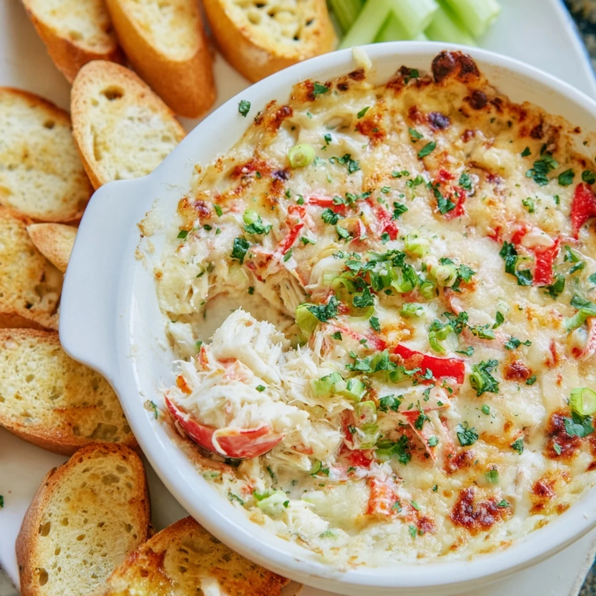 Creamy, bubbling crab dip with lump crab meat, Old Bay seasoning, and melted cheese served with golden crostini and assorted crackers.