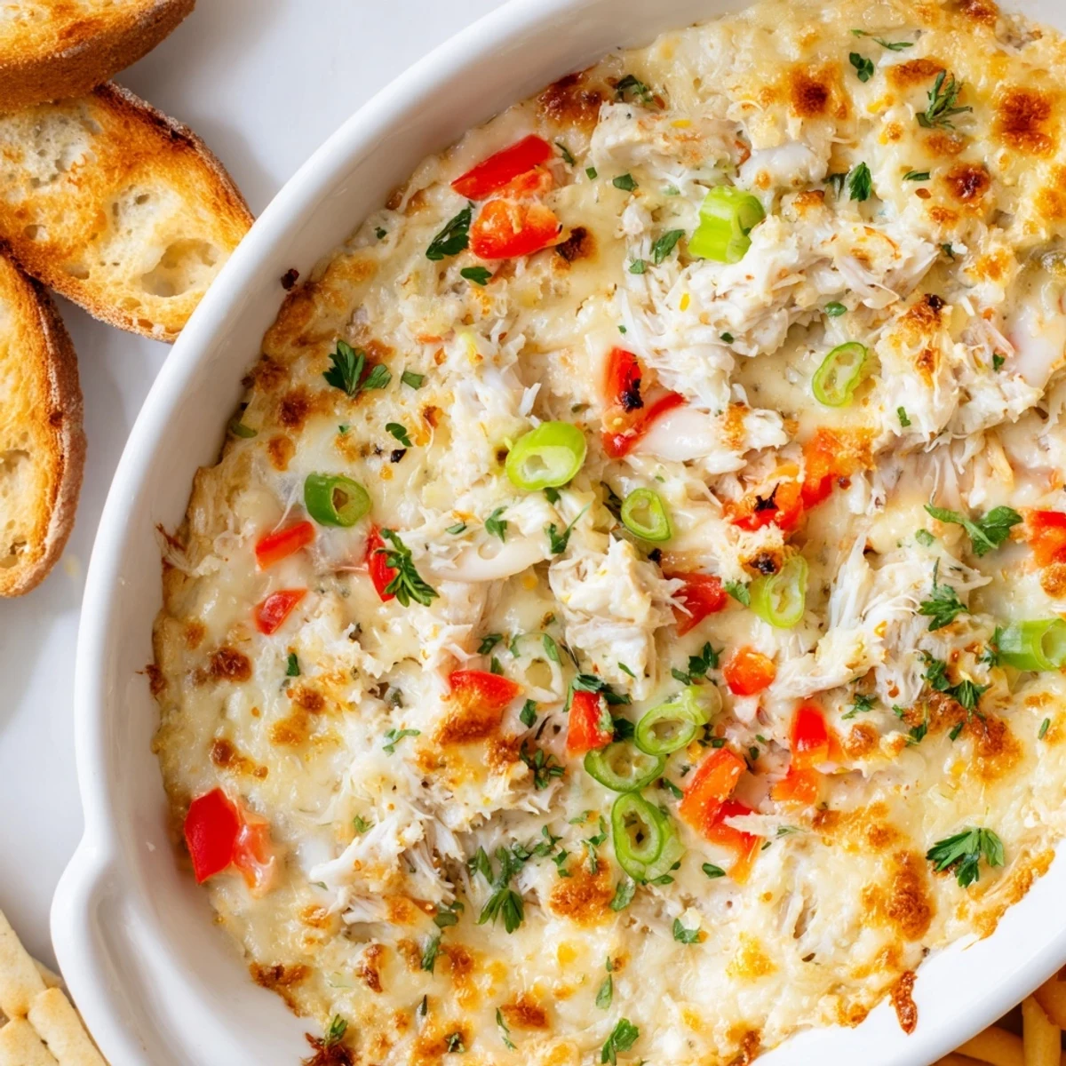 Warm baked crab dip emerging from the oven, garnished with green onions and parsley, beside crunchy crackers and olive oil–brushed crostini.