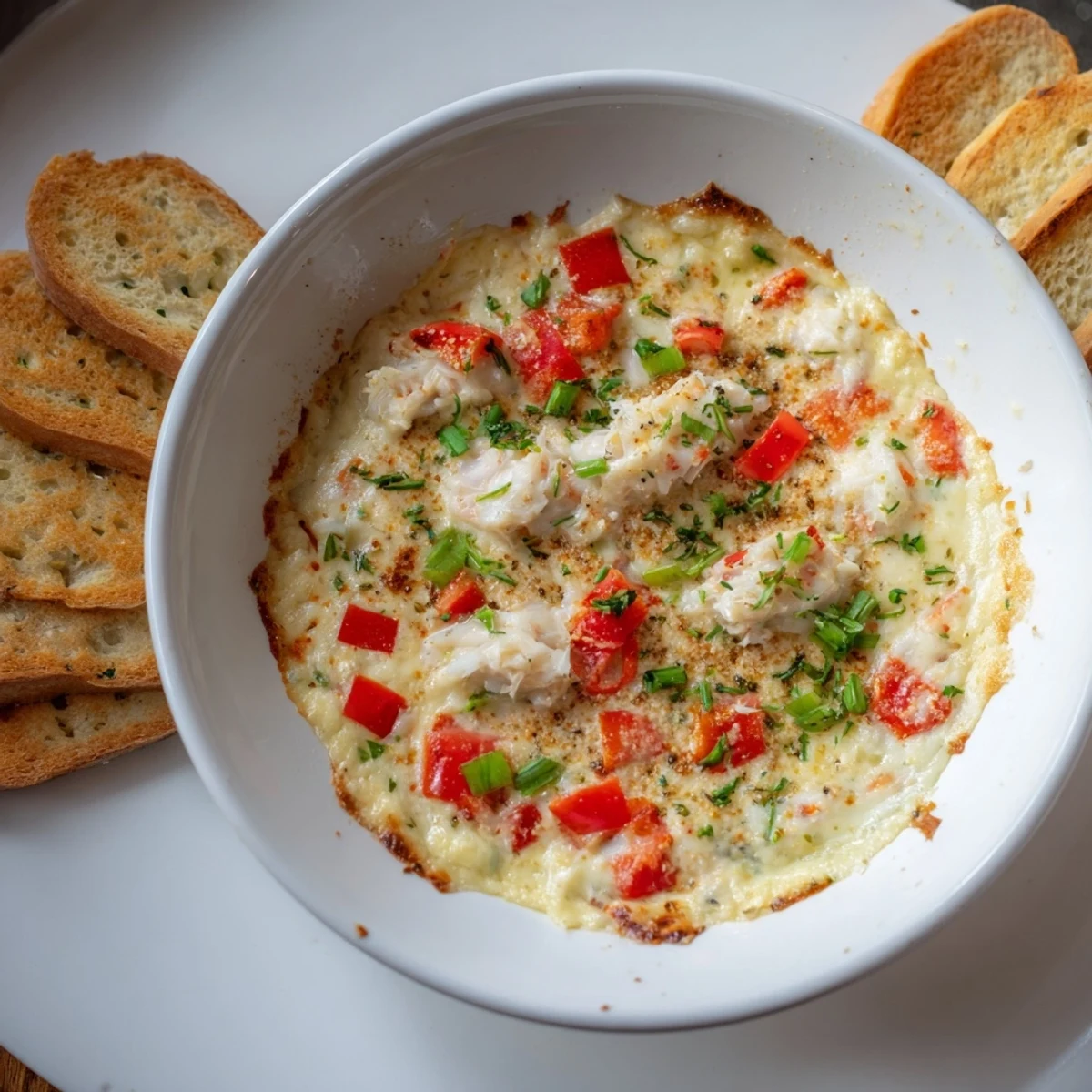 Savory American crab dip with a golden top, served hot alongside crisp baguette crostini and buttery crackers for easy entertaining.