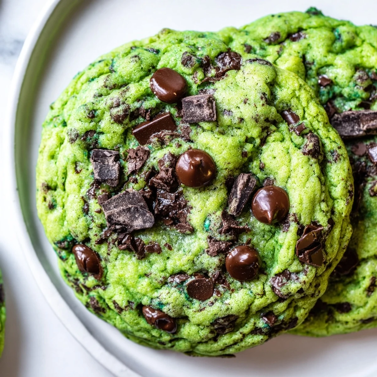 A close-up of freshly baked Mint Chip Cookies with vibrant green dough, showcasing melted chocolate chips and a chewy texture on a rustic wooden surface.
